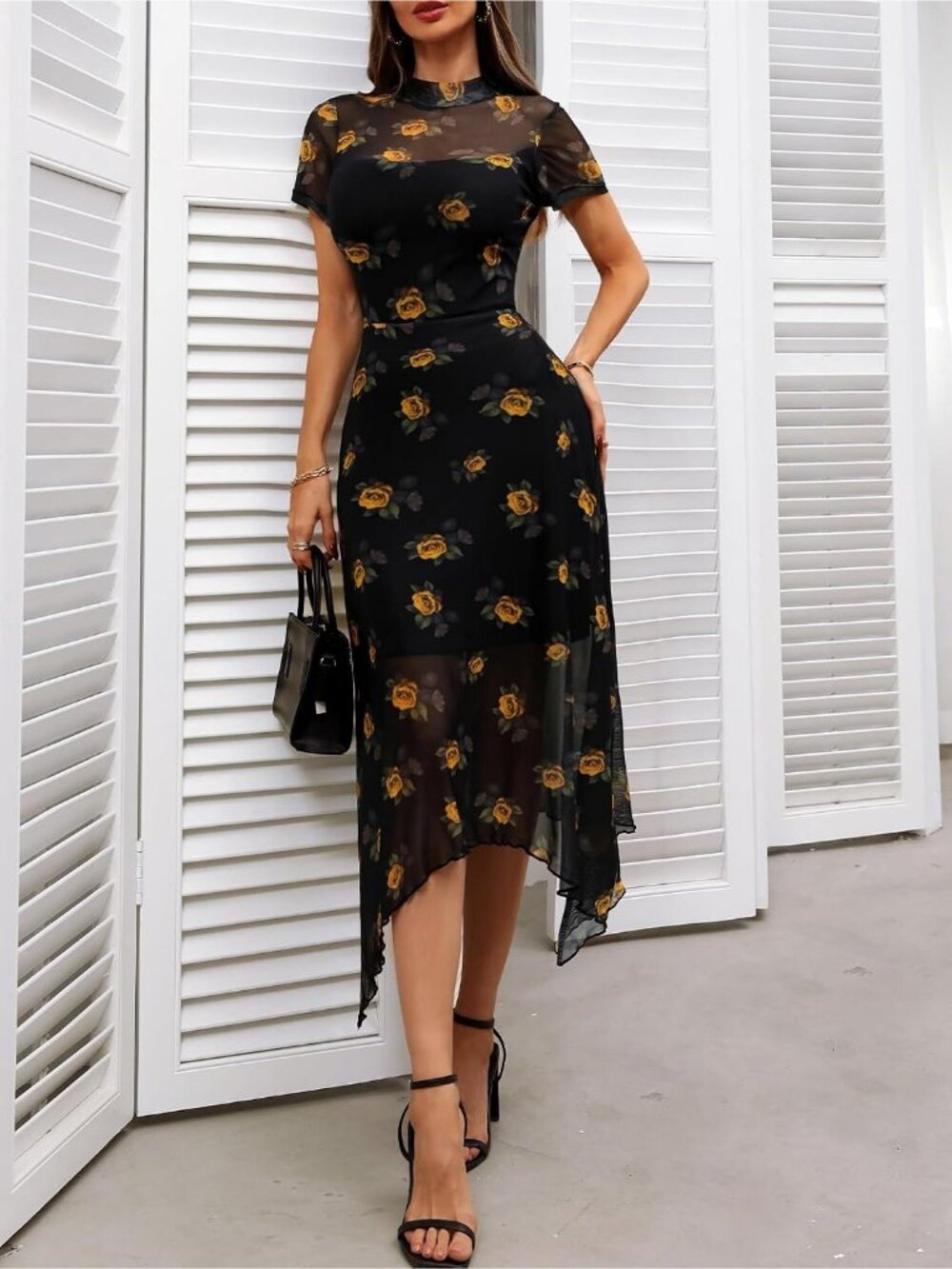 Women's Yellow Sleeve Floral Mesh Elegant Bodycon Vintage Irregular Midi Dress - Picture 2 of 6